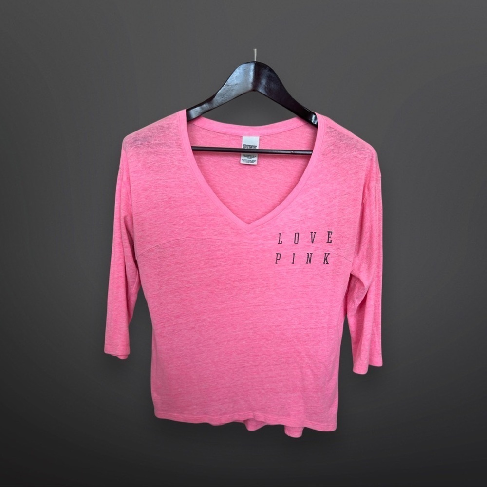 VS PINK Bright Cotton Half Sleeve V Neck Tee with Logo, Size Small